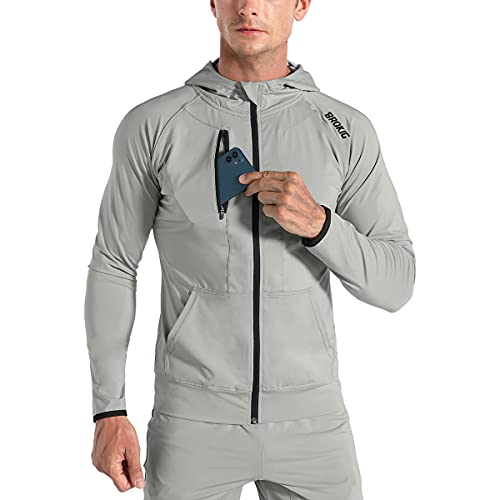 BROKIG Leichte Hoodie Herren,Schnelltrocknende Laufjacke Atmungsaktives Kapuzenpullover Trainingsjacke mit Reißverschluss(Hellgrau,L) von BROKIG