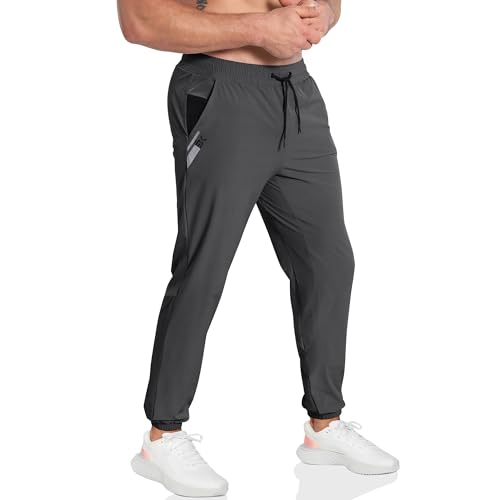 BROKIG Leichte Sporthose Herren Lang, Kontrastfarbe Mesh Fitness Hose Herren Gym Schnelltrocknend Dünn Trainingshose Jogginghose mit Reißverschlusstasche (Dunkelgrau,L) von BROKIG