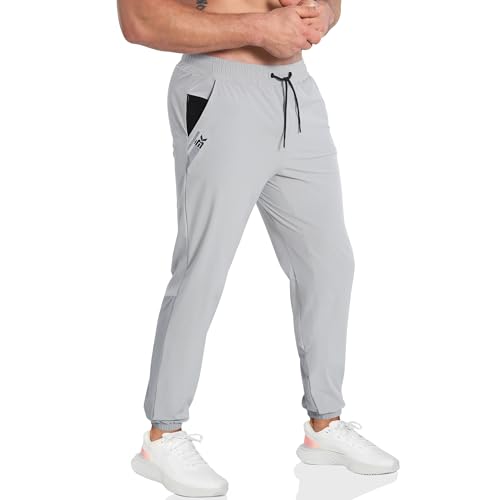 BROKIG Leichte Sporthose Herren Lang, Kontrastfarbe Mesh Fitness Hose Herren Gym Schnelltrocknend Dünn Trainingshose Jogginghose mit Reißverschlusstasche (Hellgrau,S) von BROKIG