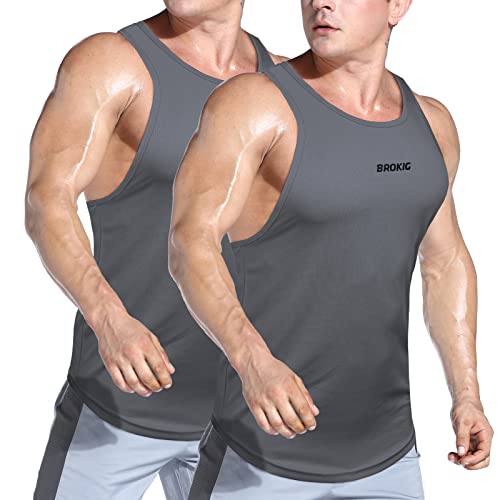 BROKIG Leichtes Tanktop für Krafttraining, Sport, Herren, 2 Packungen, Fitness-Tanktops, Y-Rücken, dunkelgrau, L von BROKIG