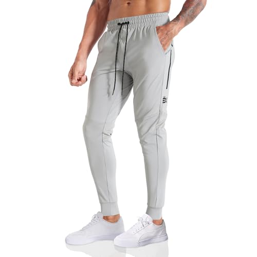 BROKIG Streifen Leichte Trainingshose Herren Lang, Gym Jogginghose Herren Slim Fit Laufhose Lang Fitness Sporthose mit Reißverschlusstasche(Hellgrau,XXL) von BROKIG