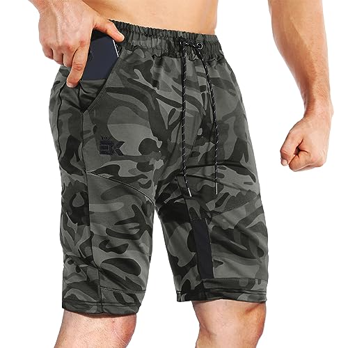 BROKIG Herren-Sportshorts für Krafttraining, Baumwolle, Slim mit Reißverschlusstaschen, Camo Green, L von BROKIG