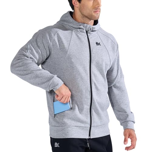 BROKIG Zip Hoodie Herren Baumwolle, Fitness Laufjacke Gym Kapuzenpullover Trainingsjacke mit Reißverschluss Tasche (Hellgrau,L) von BROKIG