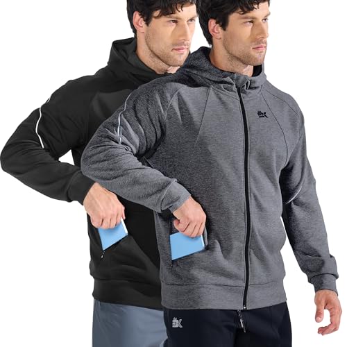 BROKIG Zip Hoodie Herren Baumwolle, Fitness Laufjacke Gym Kapuzenpullover Trainingsjacke mit Reißverschluss Tasche (Schwarz-Dunkelgrau,M) von BROKIG