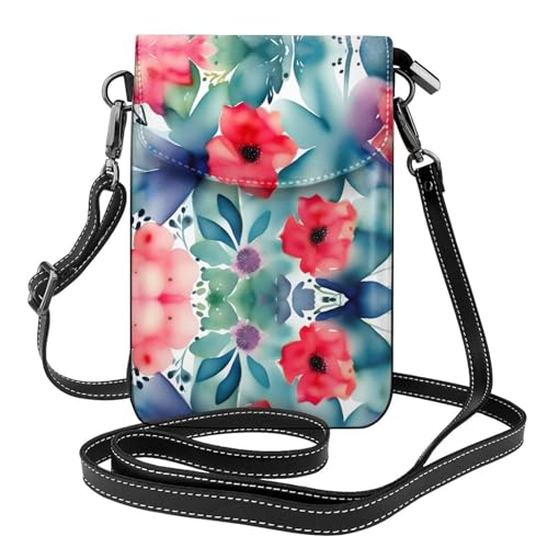 BROLEO Kleine Handy-Geldbörse, 19,3 x 12,4 cm, Aquarell-Blumenmuster, Leder, Crossbody-Klappe, Handytasche für Damen, perfekt für Spaziergänge, Camping von BROLEO