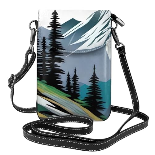 BROLEO Kleine Handy-Geldbörse, 19,3 x 12,4 cm, Berg- und Kiefernbaum-Druck, Leder, Crossbody-Klappe, Handytasche für Damen, perfekt für Spaziergänge, Camping von BROLEO