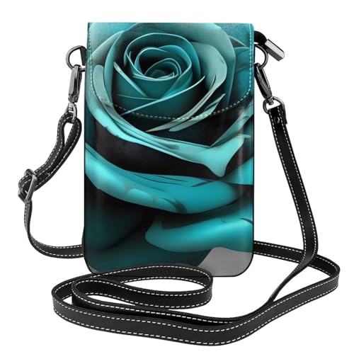 BROLEO Kleine Handy-Geldbörse, 19,3 x 12,4 cm, Blaugrün, Rose, Blumendruck, Leder, Crossbody-Klappe, Handytasche für Damen, perfekt für Spaziergänge, Camping von BROLEO