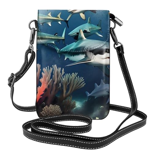 BROLEO Kleine Handy-Geldbörse, 19,3 x 12,4 cm, Haie unter dem Meer, bedruckt, Leder, Crossbody-Klappe, Handytasche für Damen, perfekt für Spaziergänge, Camping von BROLEO