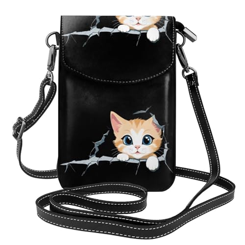 BROLEO Kleine Handy-Geldbörse, 19,3 x 12,4 cm, Kätzchen in den rissigen Wanddrucken, Leder, Crossbody-Klappe, Handytasche für Damen, perfekt für Spaziergänge, Camping von BROLEO