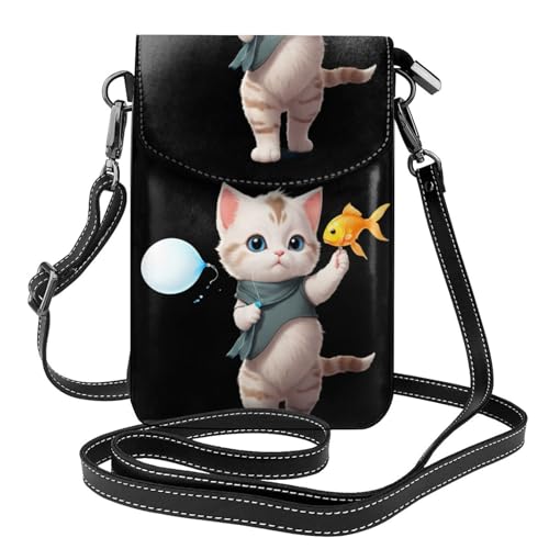 BROLEO Kleine Handy-Geldbörse, 19,3 x 12,4 cm, Kätzchen mit Fischballon-Druck, Leder, Crossbody-Klappe, Handytasche für Damen, perfekt für Spaziergänge, Camping von BROLEO