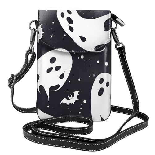 BROLEO Kleine Handy-Geldbörse, 19,3 x 12,4 cm, Schwarz und Halloween-Geisterdruck, Leder, Crossbody-Klappe, Handytasche für Damen, perfekt für Spaziergänge, Camping von BROLEO