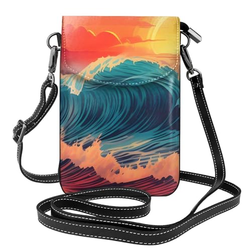 BROLEO Kleine Handy-Geldbörse, 19,3 x 12,4 cm, Sonnenuntergang und Sonnenaufgang mit Meereswellen, Leder, Crossbody-Klappe, Handytasche für Damen, perfekt für Spaziergänge, Camping von BROLEO
