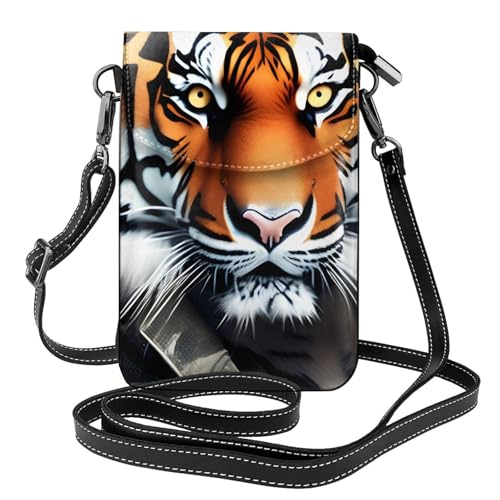 BROLEO Kleine Handy-Geldbörse, 19,3 x 12,4 cm, Tiger-Druck, Leder, Crossbody-Klappe, Handytasche für Damen, perfekt für Spaziergänge, Camping von BROLEO