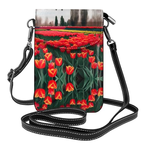 BROLEO Kleine Handy-Geldbörse, 19,3 x 12,4 cm, Tulpenmotiv, Leder, Crossbody-Klappe, Handytasche für Damen, perfekt für Spaziergänge, Camping von BROLEO
