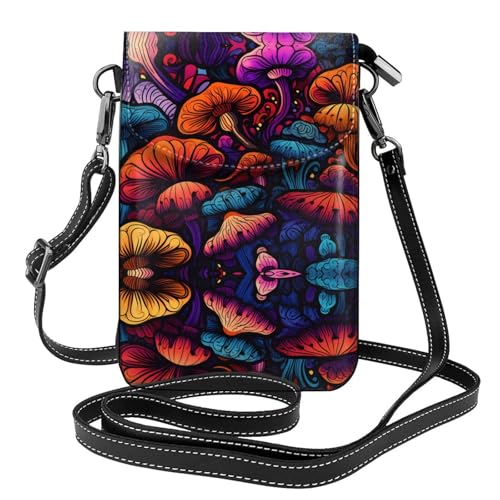 BROLEO Kleine Handy-Geldbörse, 19,3 x 12,4 cm, abstraktes Pilz, buntes Mandala-Druck, Leder, Crossbody-Klappe, Handytasche für Damen, perfekt für Spaziergänge, Camping von BROLEO
