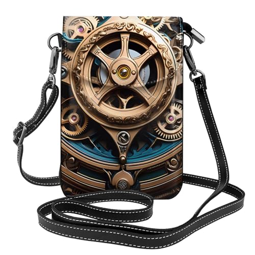 BROLEO Kleine Handy-Geldbörse, 19,3 x 12,4 cm, coole Steampunk-Getriebe-Drucke, Leder, Crossbody-Klappe, Handytasche für Damen, perfekt für Spaziergänge, Camping von BROLEO
