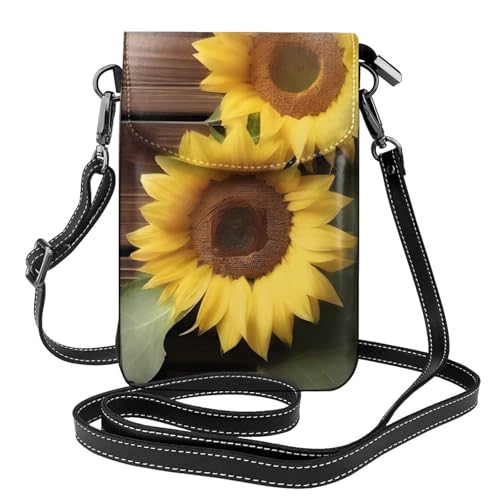 BROLEO Kleine Handy-Geldbörse, 19,3 x 12,4 cm, drei Sonnenblumen auf Holzdruck, Leder, Crossbody-Klappe, Handytasche für Damen, perfekt zum Wandern, Camping von BROLEO