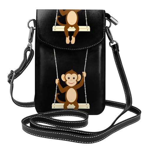 BROLEO Kleine Handy-Geldbörse, 19,3 x 12,4 cm, kleiner Affe auf der Schaukel, bedruckt, Leder, Crossbody-Klappe, Handytasche für Damen, perfekt zum Wandern, Camping von BROLEO
