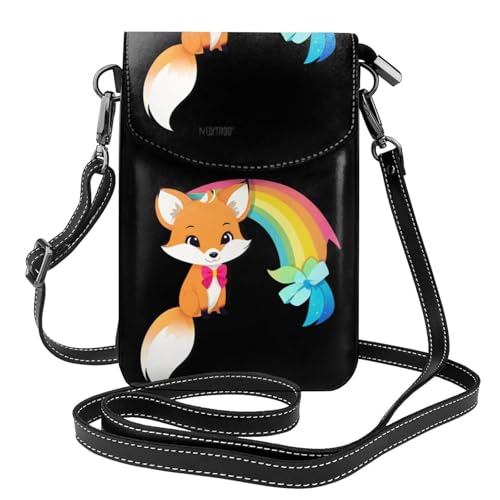 BROLEO Kleine Handy-Geldbörse, 19,3 x 12,4 cm, kleiner Fuchs mit Schleife und Regenbogen-Aufdruck, Leder-Crossbody-Klappe, Handytasche für Damen, perfekt für Spaziergänge, Camping von BROLEO
