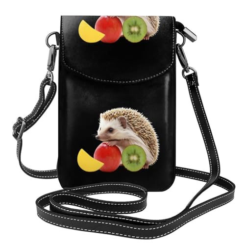 BROLEO Kleine Handy-Geldbörse, 19,3 x 12,4 cm, kleiner Igel auf Obstdruck, Leder, Crossbody-Klappe, Handytasche für Damen, perfekt für Spaziergänge, Camping von BROLEO