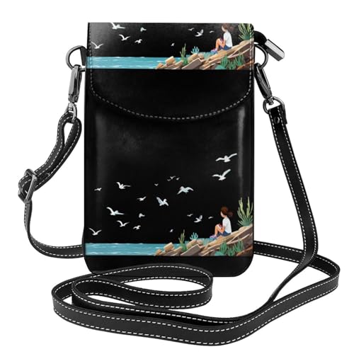 BROLEO Kleine Handy-Geldbörse, 19,3 x 12,4 cm, kleines Mädchen, das Möwen auf dem Riff beobachtet, Leder-Crossbody-Klappe, Handytasche für Damen, perfekt für Spaziergänge, Camping von BROLEO