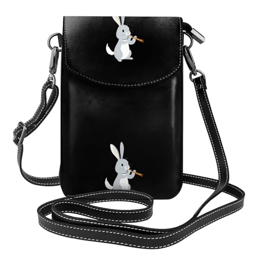 BROLEO Kleine Handy-Geldbörse, 19,3 x 12,4 cm, kleines graues Kaninchen, das die Flöte spielt, Leder-Crossbody-Tasche für Damen, perfekt für Spaziergänge, Camping von BROLEO
