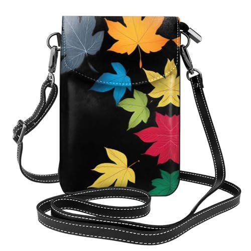 BROLEO Kleine Handy-Geldbörse, 19,3 x 12,4 cm, mehrfarbig, Ahornblätter, Leder, Crossbody-Klappe, Handytasche für Damen, perfekt für Spaziergänge, Camping von BROLEO