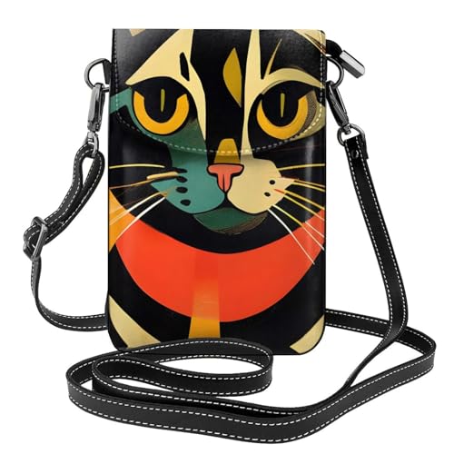 BROLEO Kleine Handy-Geldbörse, 19,3 x 12,4 cm, moderne Kunst, Katzendruck, Leder, Crossbody-Klappe, Handytasche für Damen, perfekt für Spaziergänge, Camping von BROLEO