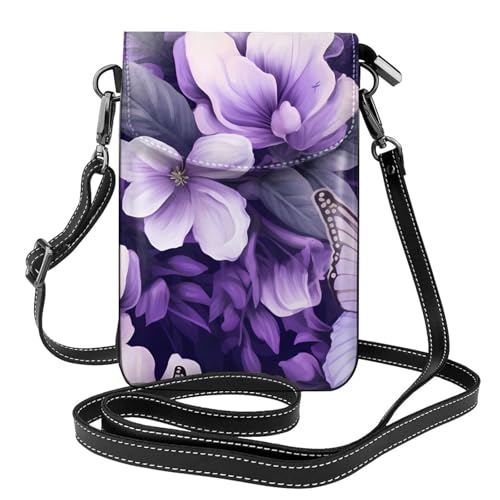 BROLEO Kleine Handy-Geldbörse, 19,3 x 12,4 cm, schöner lila Schmetterlings-Blumendruck, Leder, Crossbody-Klappe, Handytasche für Damen, perfekt für Spaziergänge, Camping von BROLEO