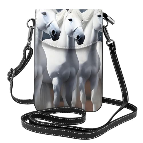 BROLEO Kleine Handy-Geldbörse, 19,3 x 12,4 cm, weiße Pferde, Leder, Crossbody-Klappe, Handytasche für Damen, perfekt für Spaziergänge, Camping von BROLEO