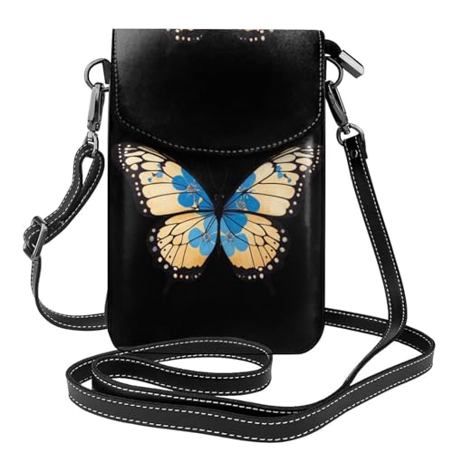 BROLEO Kleine Leder-Umhängetasche für Damen, Motiv: blaue Blumen auf Schmetterlingsflügeln, wasserdicht und langlebig von BROLEO