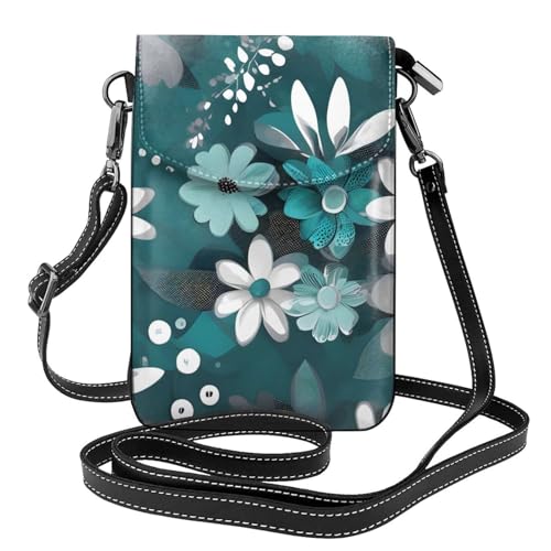 BROLEO Kleine Leder-Umhängetasche für Damen, mit Blumendruck, Blaugrün und Weiß, wasserdicht und langlebig von BROLEO