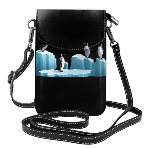 BROLEO Penguins On Ice Printing Kleine Leder Damen Crossbody Flip Phone Tasche, wasserdicht und langlebig von BROLEO