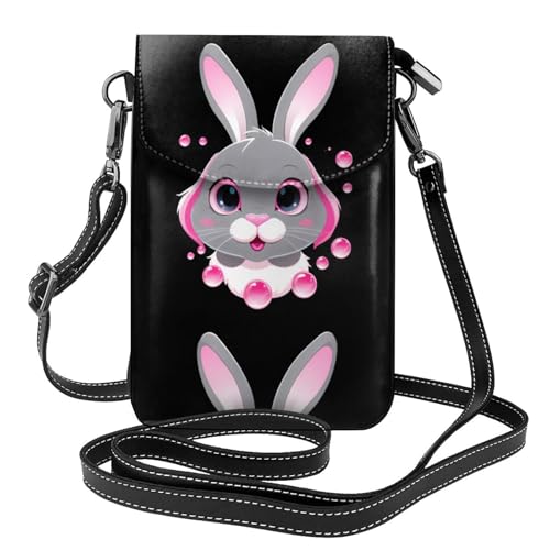 BROLEO Pink Bunny Head Blowing Bubbles Printing Small Leather Women'S Crossbody Flip Phone Bag, Waterproof And Durable von BROLEO