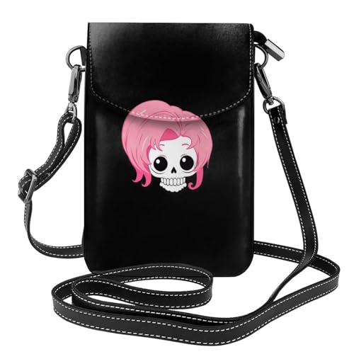 BROLEO Pink Hair Cute Skull Printing Small Leather Women'S Crossbody Flip Phone Bag, Waterproof And Durable von BROLEO