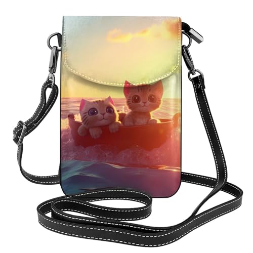 BROLEO Zwei Katzen auf einem Boot, kleine Leder-Umhängetasche, Flip-Handytasche, wasserdicht und langlebig von BROLEO