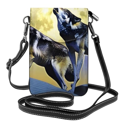 BROLEO Zwei Wölfe pfeifen auf dem Mond, kleine Leder-Umhängetasche, Flip-Handytasche, wasserdicht und langlebig von BROLEO