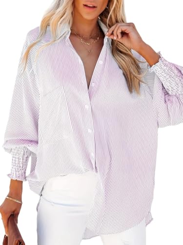 BrOleo Damen Bluse mit Ballonärmeln Knopfleiste und Taschen gestreift Tunika Oberteile modisch hoch tief unregelmäßiger Saum Hemd Urlaubsmantel Bikini Überzug Büro Business Bluse Lila L von BROLEO