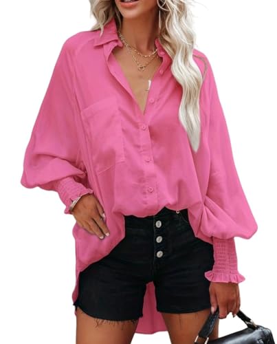 BrOleo Elegante Damen Bluse mit Ballonärmeln Knopfleiste und Taschen durchsichtige Tunika Oberteile modisches Hemd mit hohem niedrigem unregelmäßigem Saum Urlaubsmantel Bikini Vertuschung von BROLEO