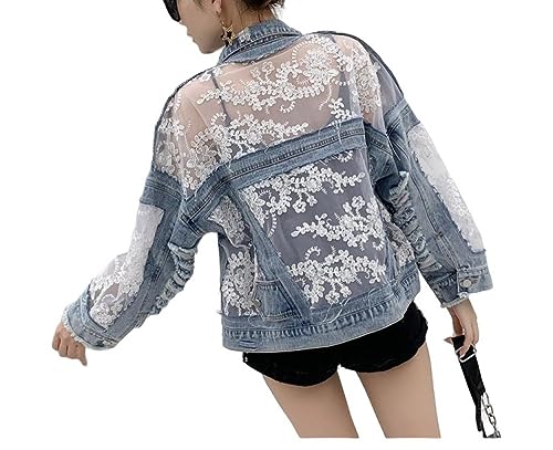 Jeansjacke Damen,Damen Jeansjacke Mit Spitzen Und Blumenstickerei Ausgefranste Rohe Jeans Oberteile Maßgeschneiderter Stretch Trucker Lässige Oberbekleidung Abgeschnittener Jeansmantel Mit Knöpfen von BROLEO