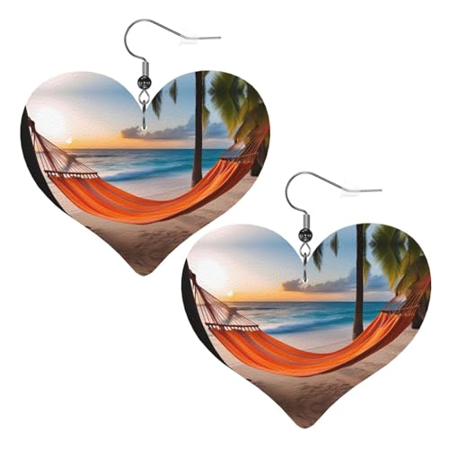Kokosnuss-Strand-Sonnenuntergang-Hängemattenbild, modische Herz-Ohrringe, Anhänger, stilvoll und schön, leicht, baumelnd für Frauen und Mädchen, Einheitsgröße, Leder von BROLEO