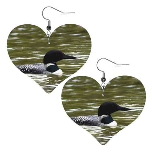 Loon Nature Ohrhänger mit Vogelbild, modisch, Herzform, stilvoll und schön, leicht, baumelnd für Damen und Mädchen, Einheitsgröße, Leder von BROLEO