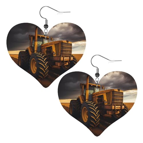 Modische Herz-Ohrringe mit Traktor im Feld, stilvoll und schön, leicht, baumelnd für Frauen und Mädchen, Einheitsgröße, Leder von BROLEO
