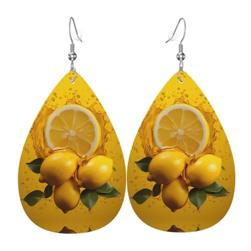 Modische Ohrringe in Tropfenform mit gelbem Zitronenbild, stilvoll und schön, leicht, baumelnd für Damen und Mädchen, Einheitsgröße, Leder von BROLEO