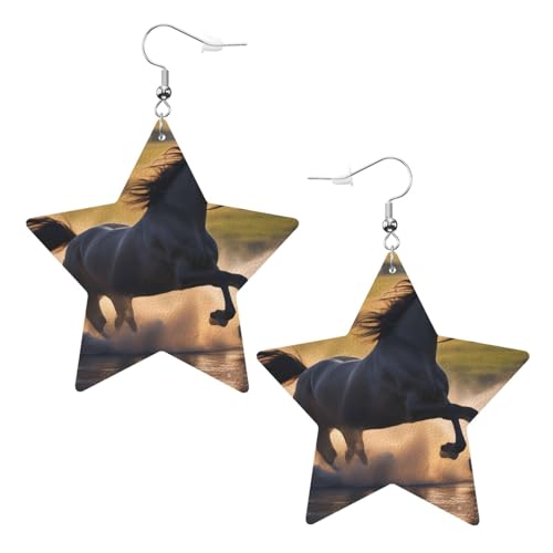 Modische Stern-Ohrringe mit Pferdebild, stilvoll und schön, leicht, baumelnd für Damen und Mädchen, Einheitsgröße, Leder von BROLEO
