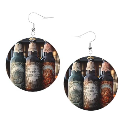 Modische runde Ohrringe mit 3 Bierflaschen-Muster, stilvoll und schön, leicht, baumelnd für Damen und Mädchen, Einheitsgröße, Leder von BROLEO