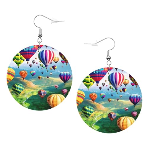 Modische runde Ohrringe mit Heißluftballon-Bild, stilvoll und schön, leicht, baumelnd für Frauen und Mädchen, Einheitsgröße, Leder von BROLEO