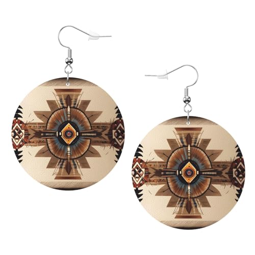 Modische runde Ohrringe mit Indianer-Malerei, stilvoll, schön, leicht, baumelnd für Damen und Mädchen, Einheitsgröße, Leder von BROLEO
