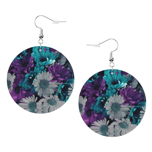 Modische runde Ohrringe mit violetten und blaugrünen Blumen, stilvoll und schön, leicht, baumelnd für Damen und Mädchen, Einheitsgröße, Leder von BROLEO