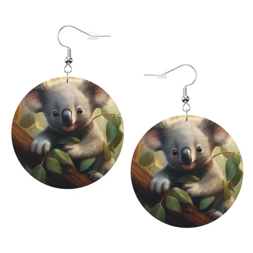 Schöne runde Ohrringe mit Koala-Bild, stilvoll und schön, leicht, baumelnd für Frauen und Mädchen, Einheitsgröße, Leder von BROLEO